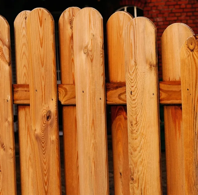 Rounded-top wooden fence pickets on a horizontal rail